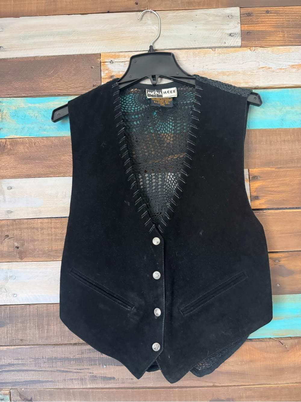 Vintage Mona Mode Black Genuine Suede Leather Vest Crochet Back Western Boho | M